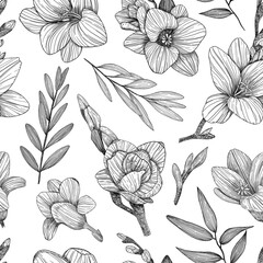 Floral seamless pattern. Background with freesias. Hand-drawn. Graphics. Engraving
