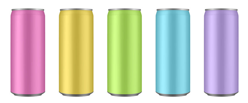 Set of pink, yellow, green, blue and purple tin cans of energy drink, juice or soda. Cocktail of fitness drink. Cold beverages