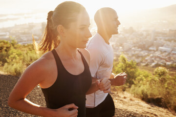 Sunrise, wellness and friends running as workout or morning exercise for health and fitness...