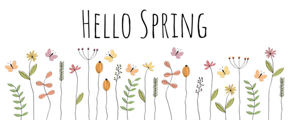 Hello Spring - Schriftzug in englischer Sprache - Hallo Frühling. Grußbanner mit liebevoll gezeichneten Schmetterlingen über einer Blumenwiese.