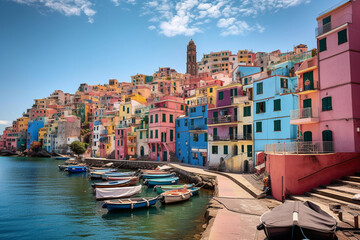 Fototapeta na wymiar Coastal Town with Colorful Buildings and Boats, Generative AI