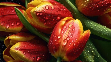close-up fresh tulip with droplets of water background seamless generative AI