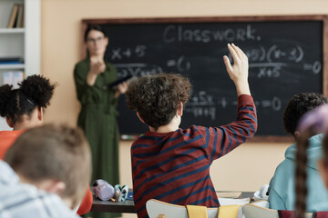 Back view at group of children raising hands in school classroom and participating in discussion