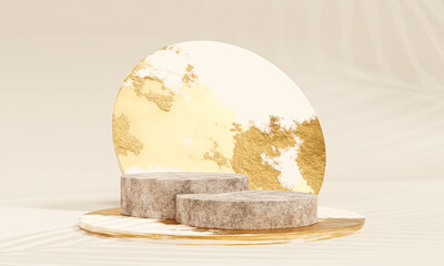 Stone podium and marble decorated with gold on beige background for beauty and cosmetic brand. Luxury scene for product presentation. Abstract aesthetic design. Natural materials. Nude colours