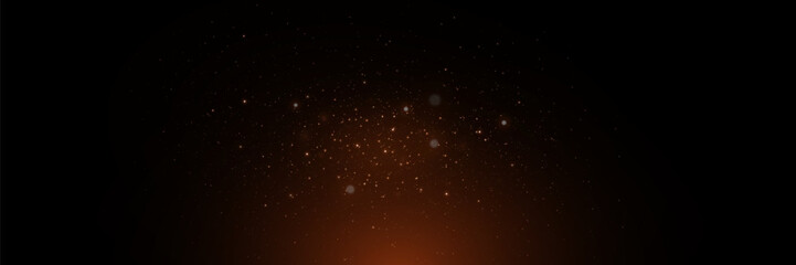 Golden particles of light, shining stars, dust, glitter. On a black background.