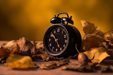 illustration, alarm clock on autumn leaves, ai generative