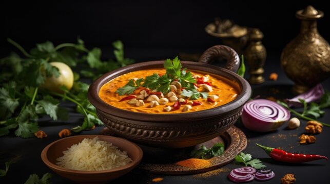Traditional Indian curry with chicken, chickpeas and spices on dark background - made with generative AI
