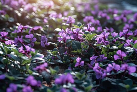 purple flowers in the ground with several green leaves on top stock photo, generative ai