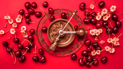 A cherry on a red background was viewed from the top - generative ai\n