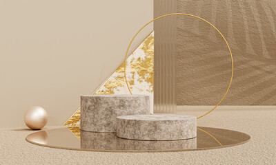 Stone podium with marble and gold decoration on beige background for beauty and cosmetic brand. Luxury scene for product presentation. Abstract aesthetic design. Natural materials. Nude colours
