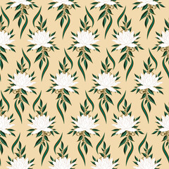 Seamless pattern white lotus flower with green-gold branches