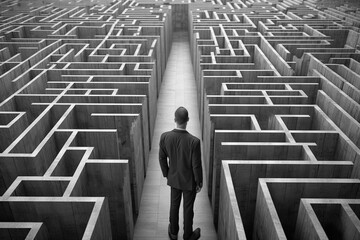 Businessman in a maze labyrinth making the right choice. Business concept, generative ai edited - obrazy, fototapety, plakaty