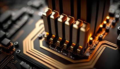 close up of futuristic computer microchip processor. Quantum computer, big data processing