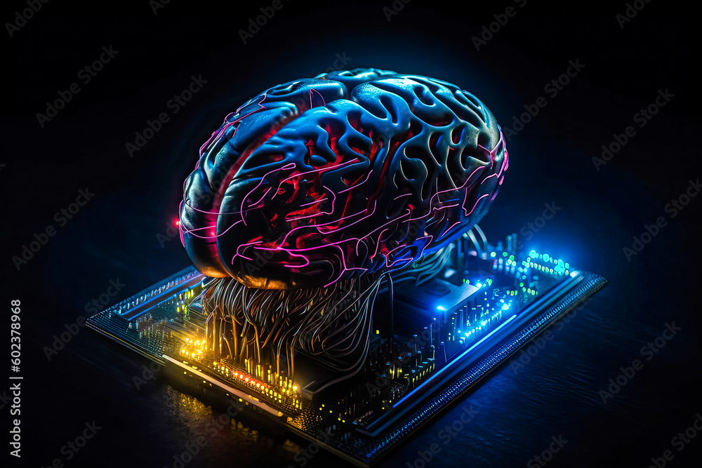 Poster ai chipset with human brain on computer circuit board. artificial intelligence, data mining, and dee