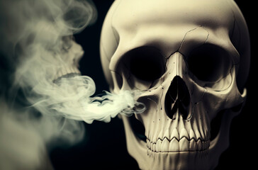 Human skull with smoke isolated on black background, close up view. Generative AI.