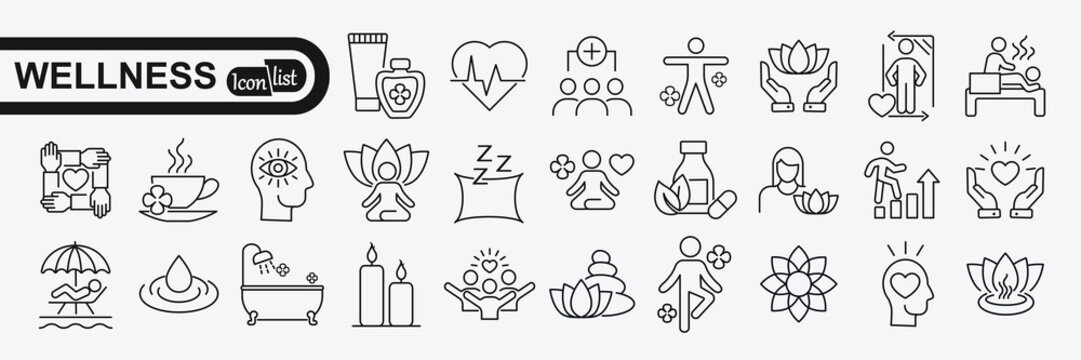 Wellness web icon set in line style. Relaxation, spa, sleep, yoga, health, lifestyle, spiritual practice, meditation, collection. Vector illustration.