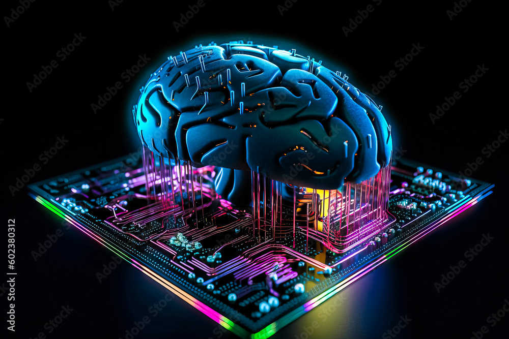 Poster ai chipset with human brain on computer circuit board. artificial intelligence, data mining, and dee