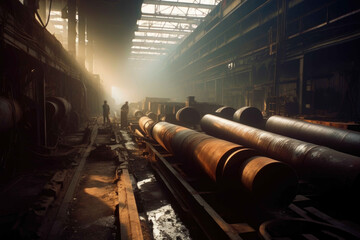 A massive Steel Pipe factory with huge cylindrical pipes, heavy-duty machinery. Generative AI - obrazy, fototapety, plakaty