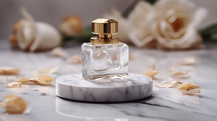 Luxury perfume glass bottle with flowers on marble generative ai