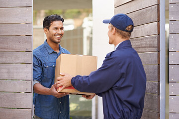 Man, courier and home for giving package, ecommerce or delivery with smile, customer experience or...