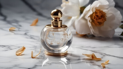 Obraz na płótnie Canvas Luxury perfume glass bottle with flowers on marble generative ai