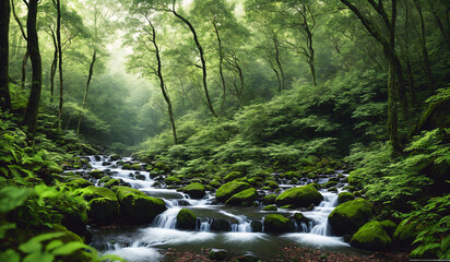 Obraz premium Forest landscape. Mysterious green forest. Impressive nature background. Generative AI.