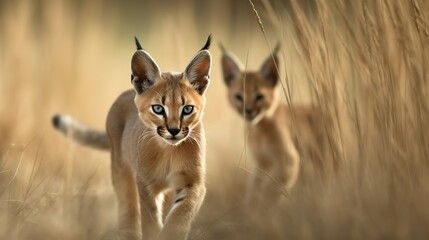 Fototapeta premium Eine majestätische Bengal-Katzenmutter und ihr neugieriges Baby erkunden gemeinsam die unberührte Wildnis. Ihre auffälligen Rosettenmuster verschmelzen nahtlos mit der üppigen Vegetation.
