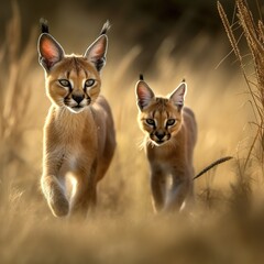 Fototapeta premium Eine majestätische Bengal-Katzenmutter und ihr neugieriges Baby erkunden gemeinsam die unberührte Wildnis. Ihre auffälligen Rosettenmuster verschmelzen nahtlos mit der üppigen Vegetation.