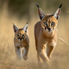 Obraz premium Eine majestätische Bengal-Katzenmutter und ihr neugieriges Baby erkunden gemeinsam die unberührte Wildnis. Ihre auffälligen Rosettenmuster verschmelzen nahtlos mit der üppigen Vegetation. 