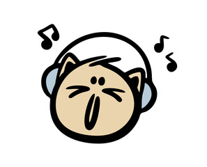 Head of cartoon cat with headphones listening to music. Vector illustration of artistic animal having fun.