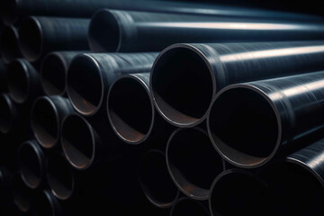 Galvanized steel pipe or Aluminum and chrome stainless pipes in stack waiting for shipment in warehouse. Generative AI - obrazy, fototapety, plakaty