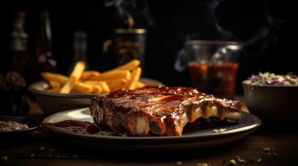 Spare ribs on a plate with fries. Generative AI