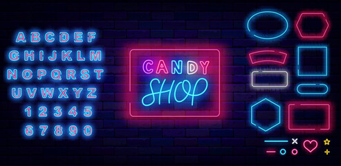Candy shop neon label. Sweet bar logotype. Handwritten text. Geometric frames collection. Vector stock illustration