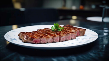 The white dinner plate has beef slices on it. Generative AI