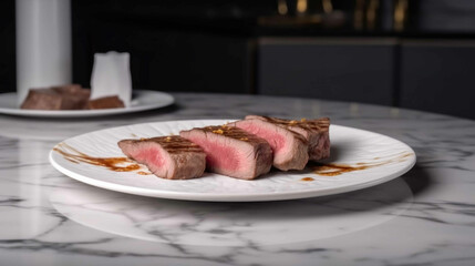 The white dinner plate has beef slices on it. Generative AI