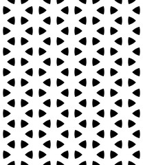 Seamless surface pattern design with ancient oriental ornament. Rounded triangular figures. Repeated black triangles on white background. Ethnic embroidery motif. Ornamental wallpaper. Polygons image.