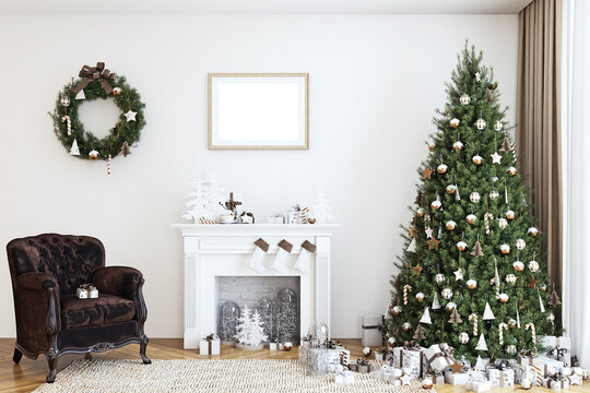 Mockup interior Christmas tree with fireplace and decorations, 3d rendering