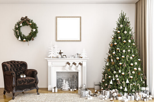 Mockup poster frame Christmas tree in room