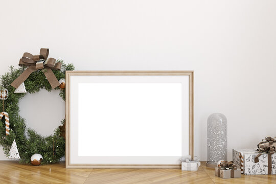 Mock up frame Christmas tree and decorations, 3d rendering