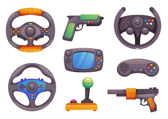 Game joystick in hands videogame pc tools isolated set. Vector graphic design element illustration
