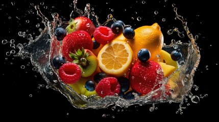 Fototapeta na wymiar Fruit in water splash, isolated on black background with clipping path - made with generative AI