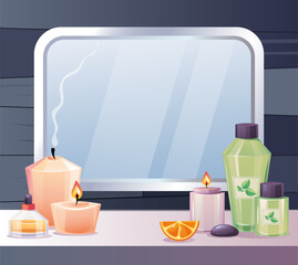 Bathroom shelf mirror spa room concept. Vector graphic design element illustration