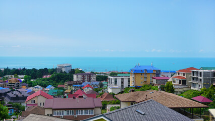 landscape, sea, houses, trees, summer, garden, resort, vacation, blue sky