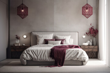 Contemporary bedroom in grays and burgundy Japandi style. Photorealistic illustration generative AI.