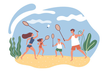Fototapeta na wymiar Family playing tennis on the beach. Mom, dad, son and daughter play together in summer.