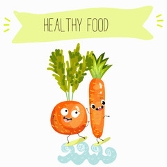 Illustration with funny vegetables characters  paris carrot, pectin,
 beta carotene, vegetarian, daucus carota, dutch carrot. Funny and healthy food. Vitamins, salad, cute face food, ingredients.