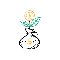 Money bag and plant tree leaf hand drawn line art illustration. Investment, financial, savings doodle concept