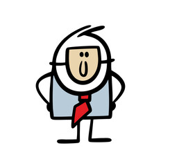 Doodle aggressive business man executive hides his face behind the mask of a good-natured person. Vector illustration of deception and hypocrisy.