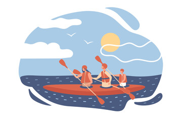Active family kayaking down the river