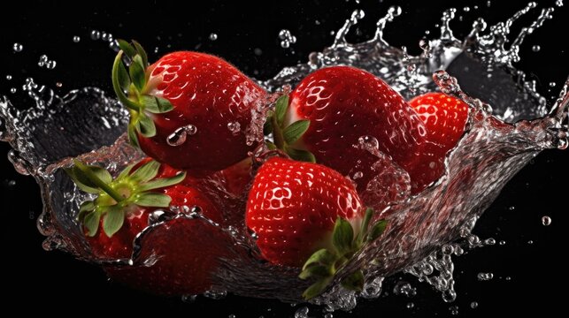 Fresh strawberries in water splash, isolated on black background. Studio shot. - made with generative AI